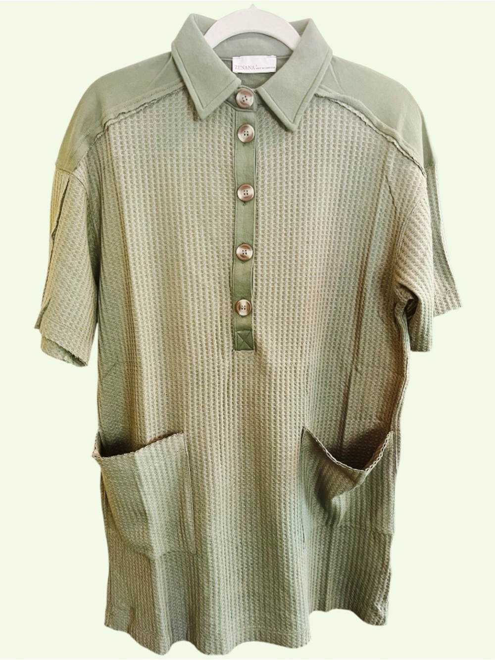 Zennara Olive Waffle-Knit Collared Mini Dress